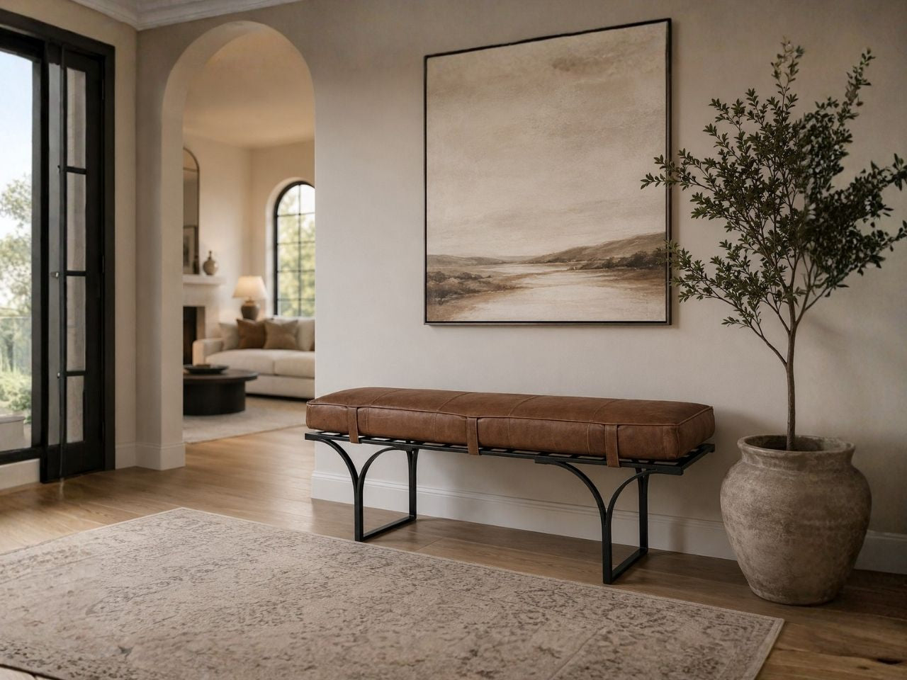 Jessie Brown Accent Bench in Calgary in a dining room setting. 