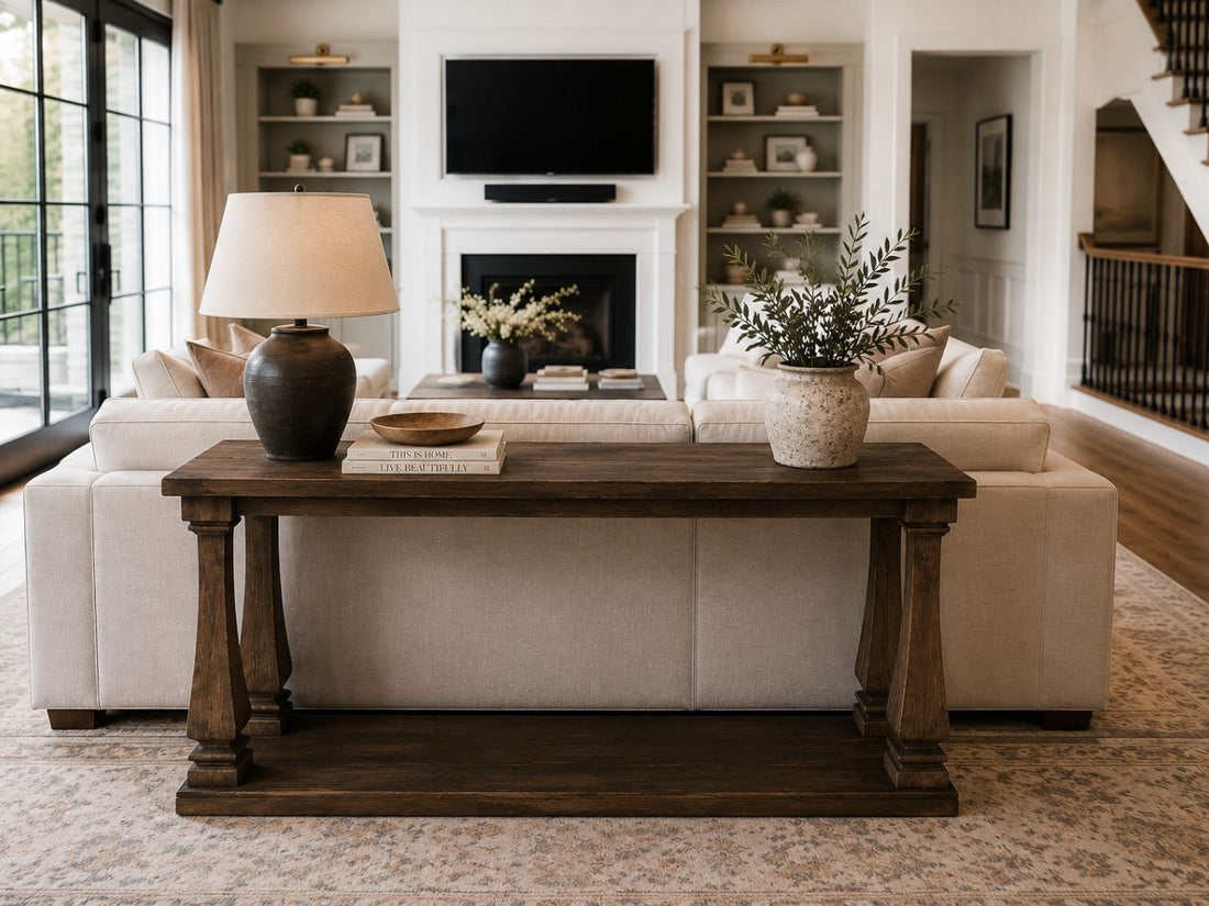 Dark wood sofa table placed behind a cream sofa with decorative accessories in a spacious modern living room.