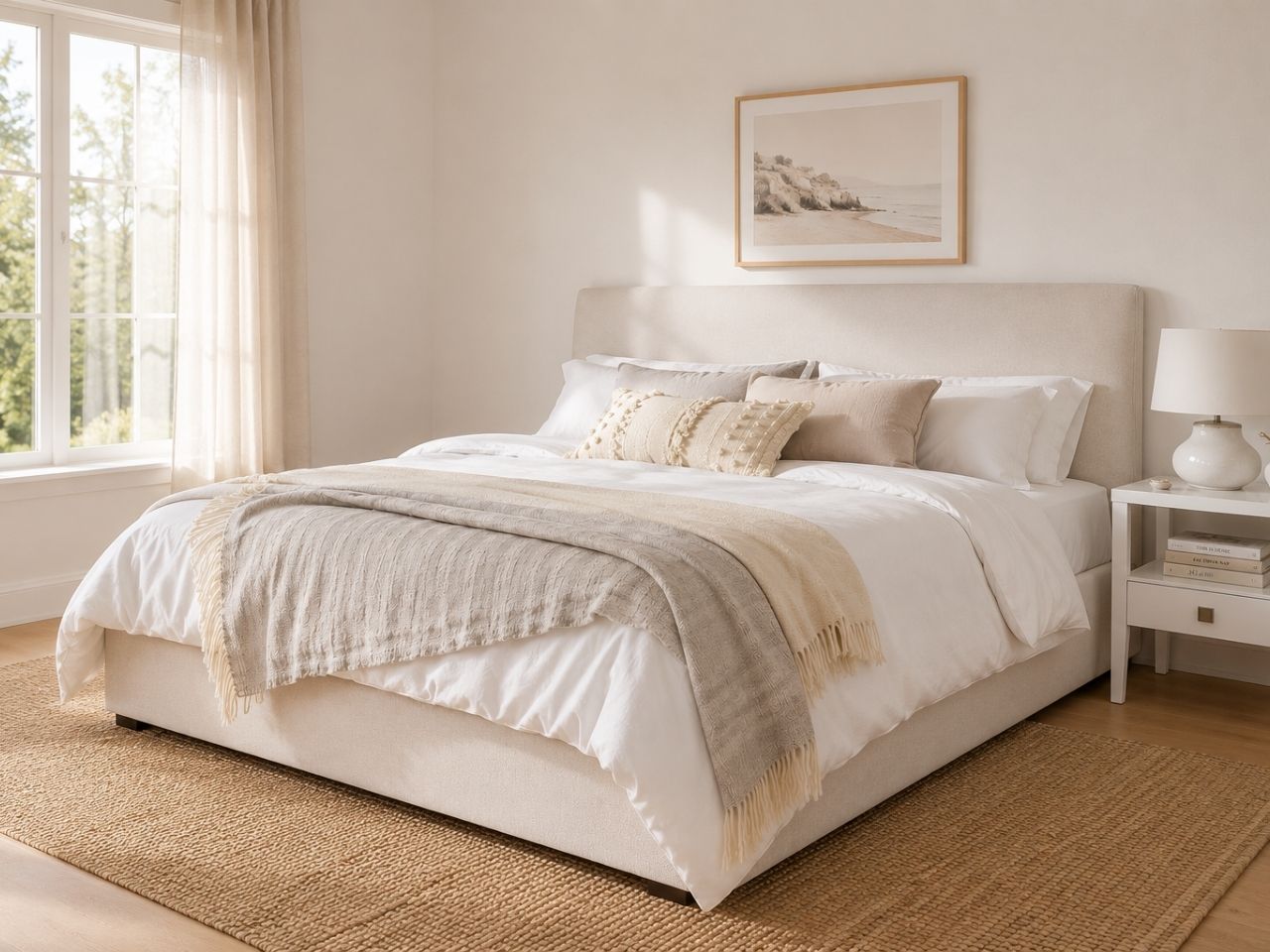 Cream upholstered storage bed with a soft modern design in a bright, cozy bedroom.