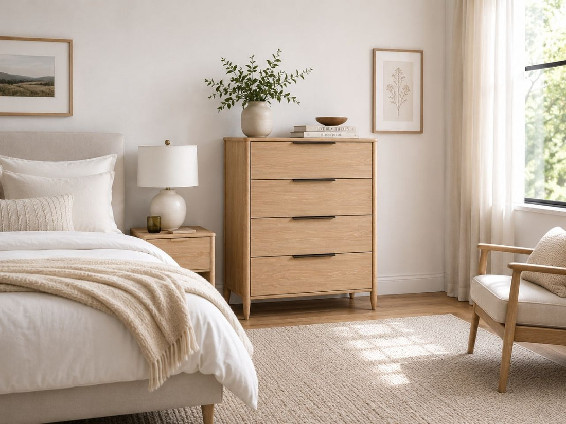 Light oak chest with four spacious drawers, slim black handles, and a clean modern design.