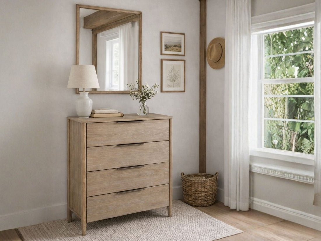 Light wood four-drawer chest styled in a bright bedroom with mirror and lamp.