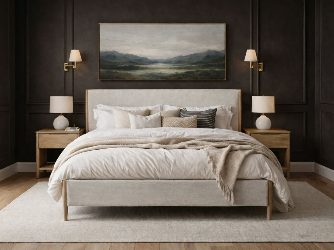 Kamelia Upholstered Bed Sand Fabric Headboard with white beddings. 