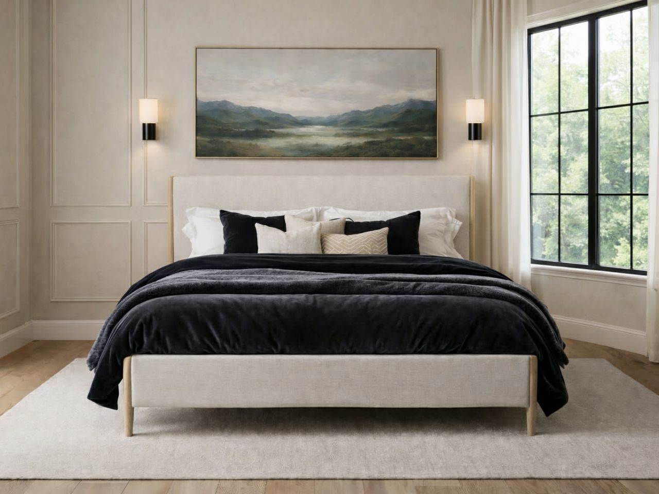 Kamelia Upholstered Bed Sand Fabric Headboard with black beddings. 
