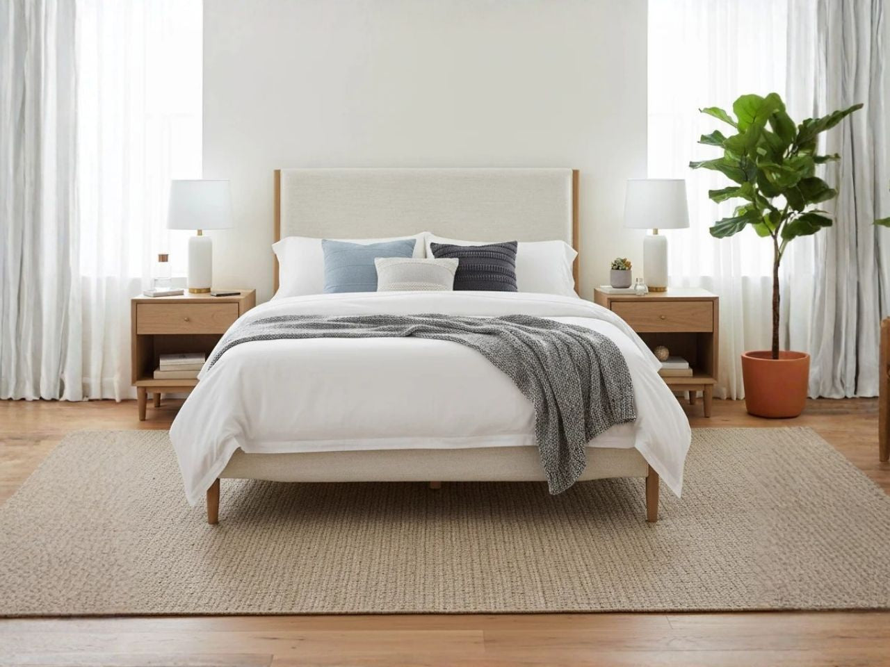 Kamelia Queen Upholstered Bed Sand Fabric Headboard Solid Frame in Calgary