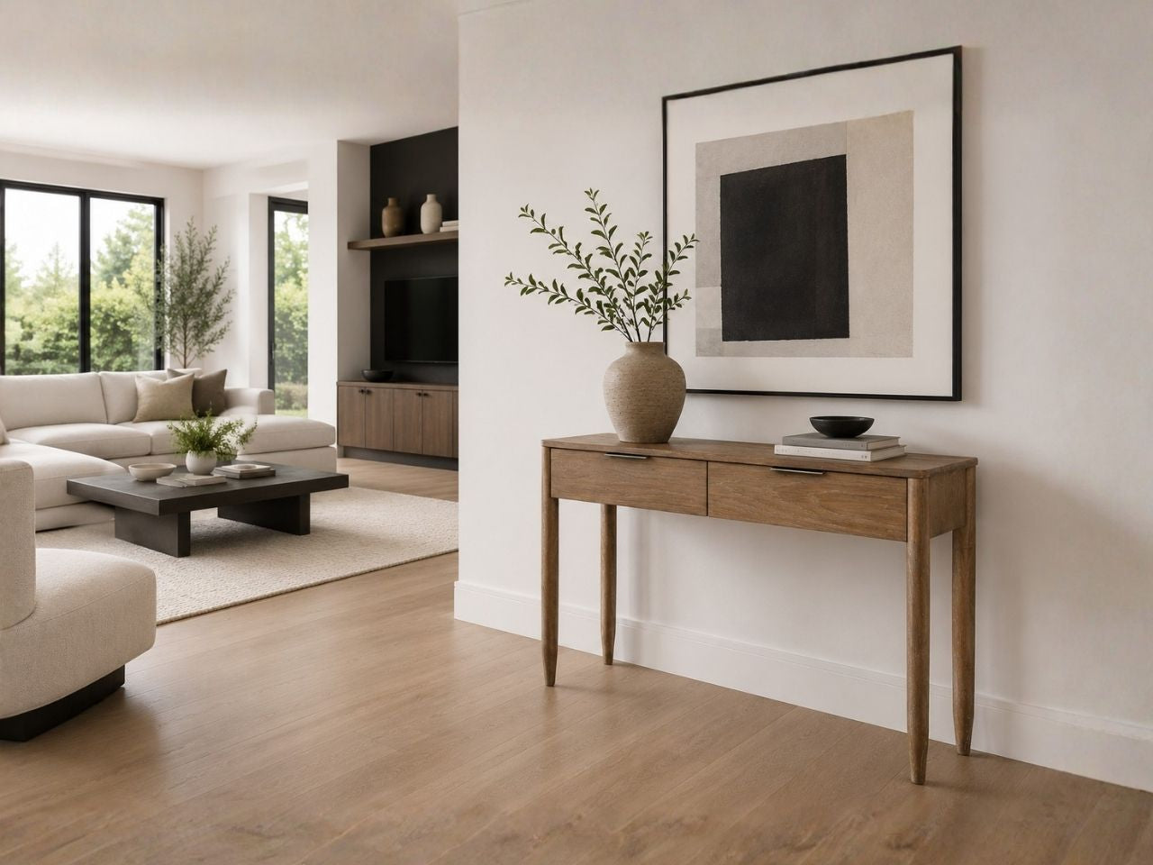Light wood console table styled in a modern living room with neutral decor.