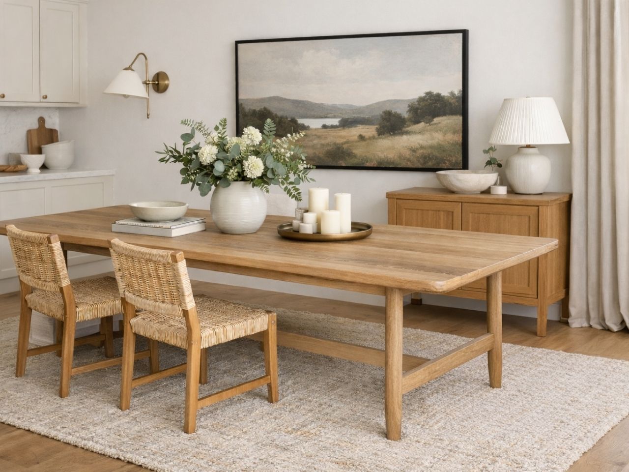 A light wood dining table styled with woven chairs, neutral décor, and a cozy, modern dining space.