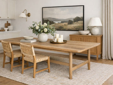 A light wood dining table styled with woven chairs, neutral décor, and a cozy, modern dining space.