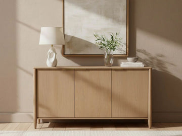 A light wood three-door sideboard styled in a neutral living space, topped with a sculptural table lamp, a glass vase with greenery, and stacked books.