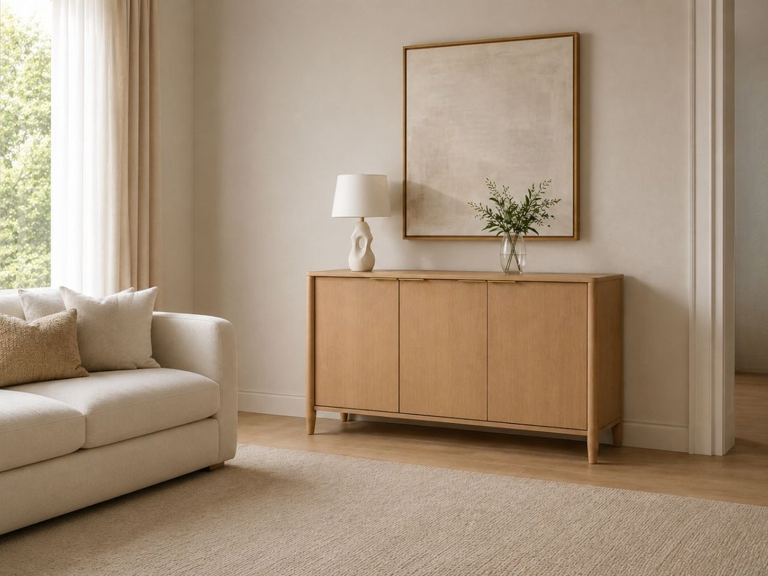Light wood sideboard styled in a bright modern living room with neutral decor.
