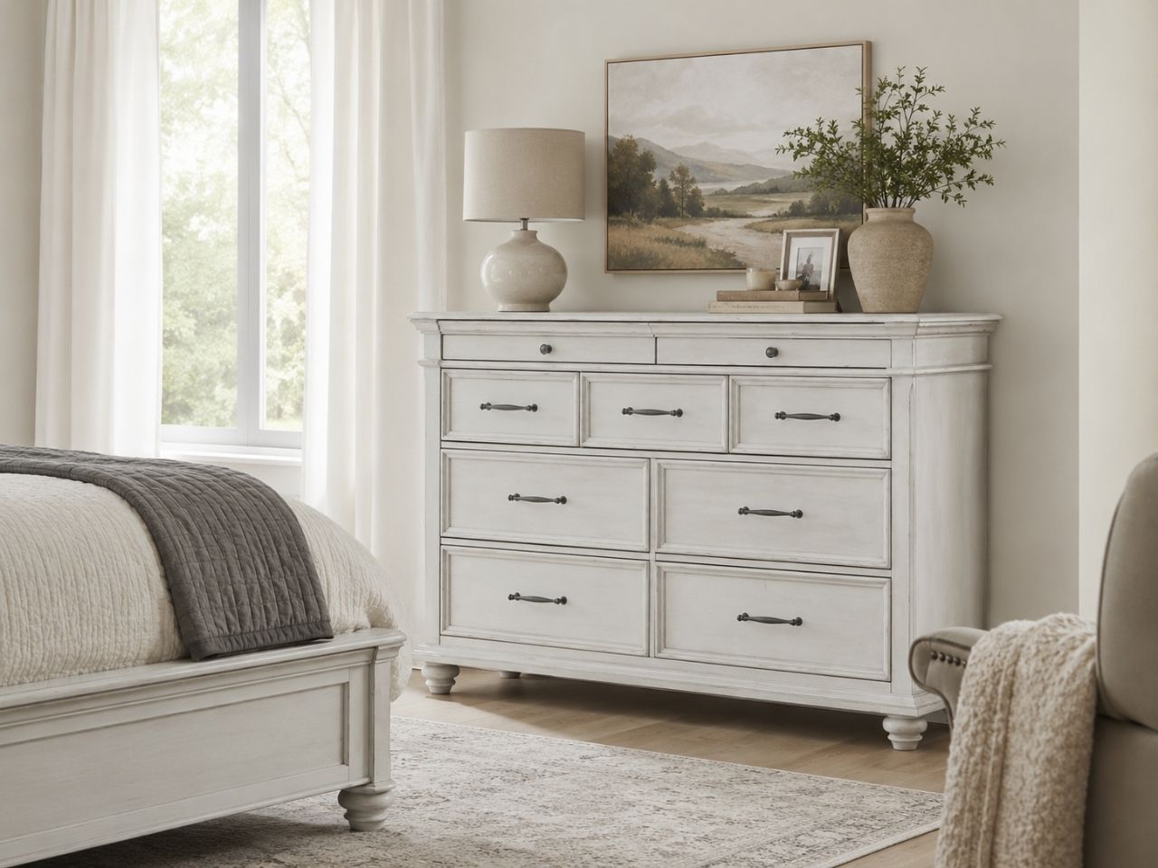 Distressed white dresser with classic framed drawers, dark metal pulls, turned feet, and vintage farmhouse styling.