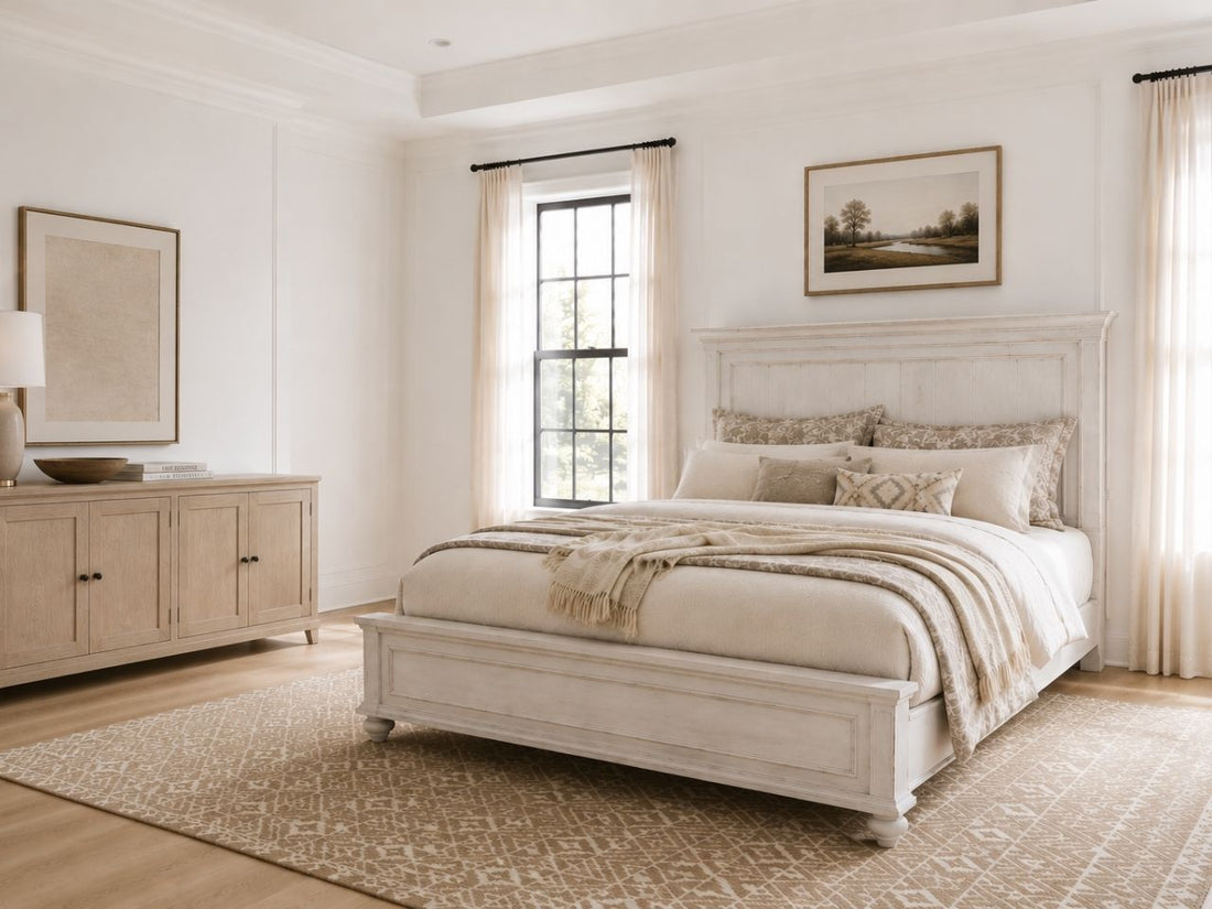 Whitewashed panel bed with a storage footboard in a bright farmhouse-style bedroom.