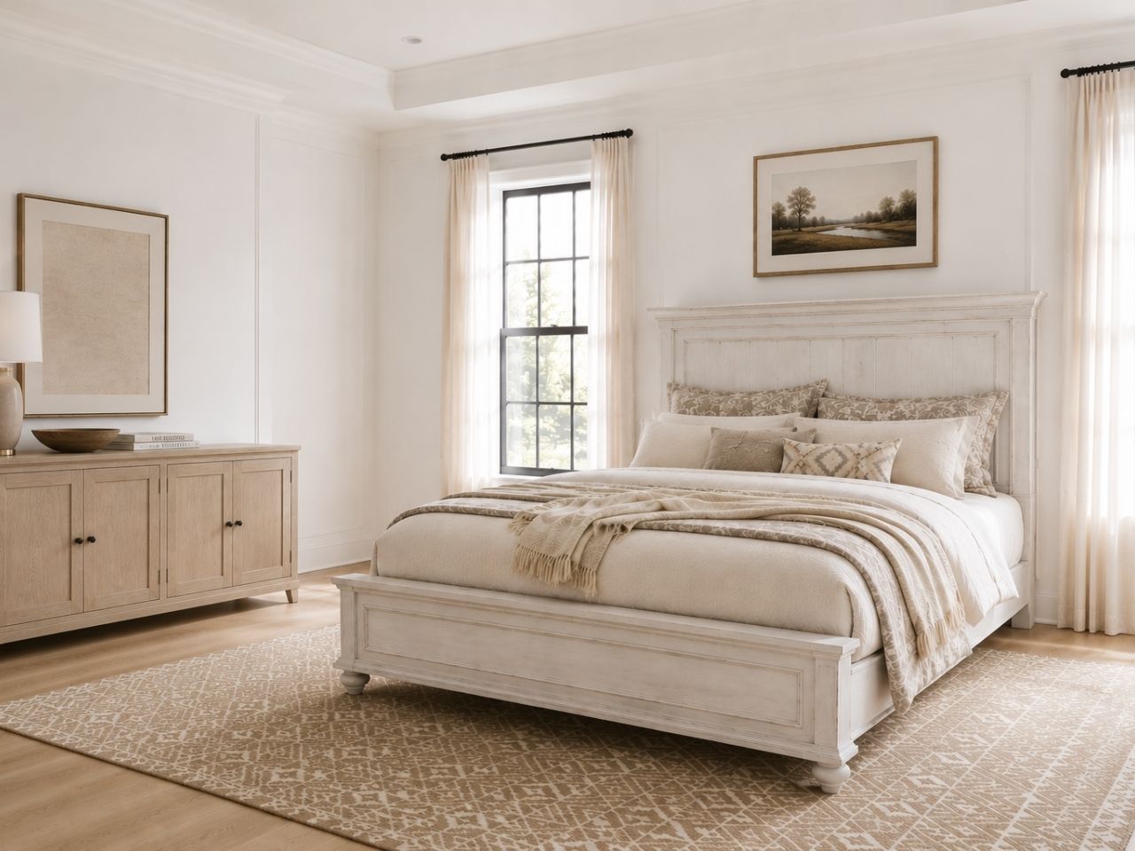 Whitewashed panel bed with a storage footboard in a bright farmhouse-style bedroom.
