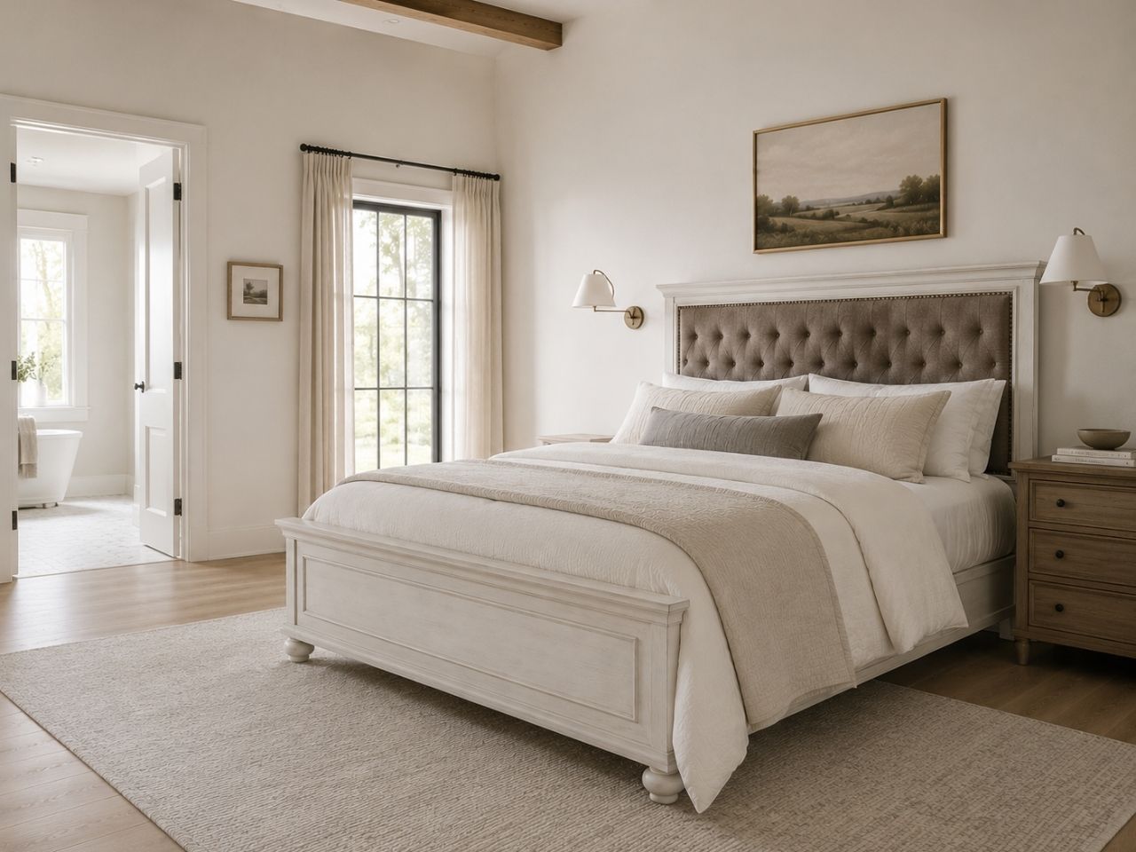 Whitewashed panel bed with a tufted upholstered headboard in a bright farmhouse-style bedroom.