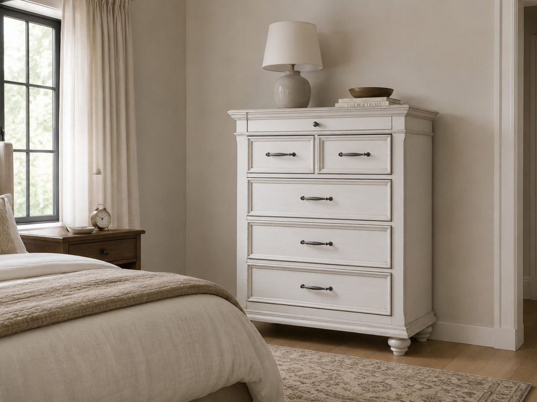 Whitewashed chest dresser with framed drawers, dark metal pulls, bun feet, and classic farmhouse-inspired style.