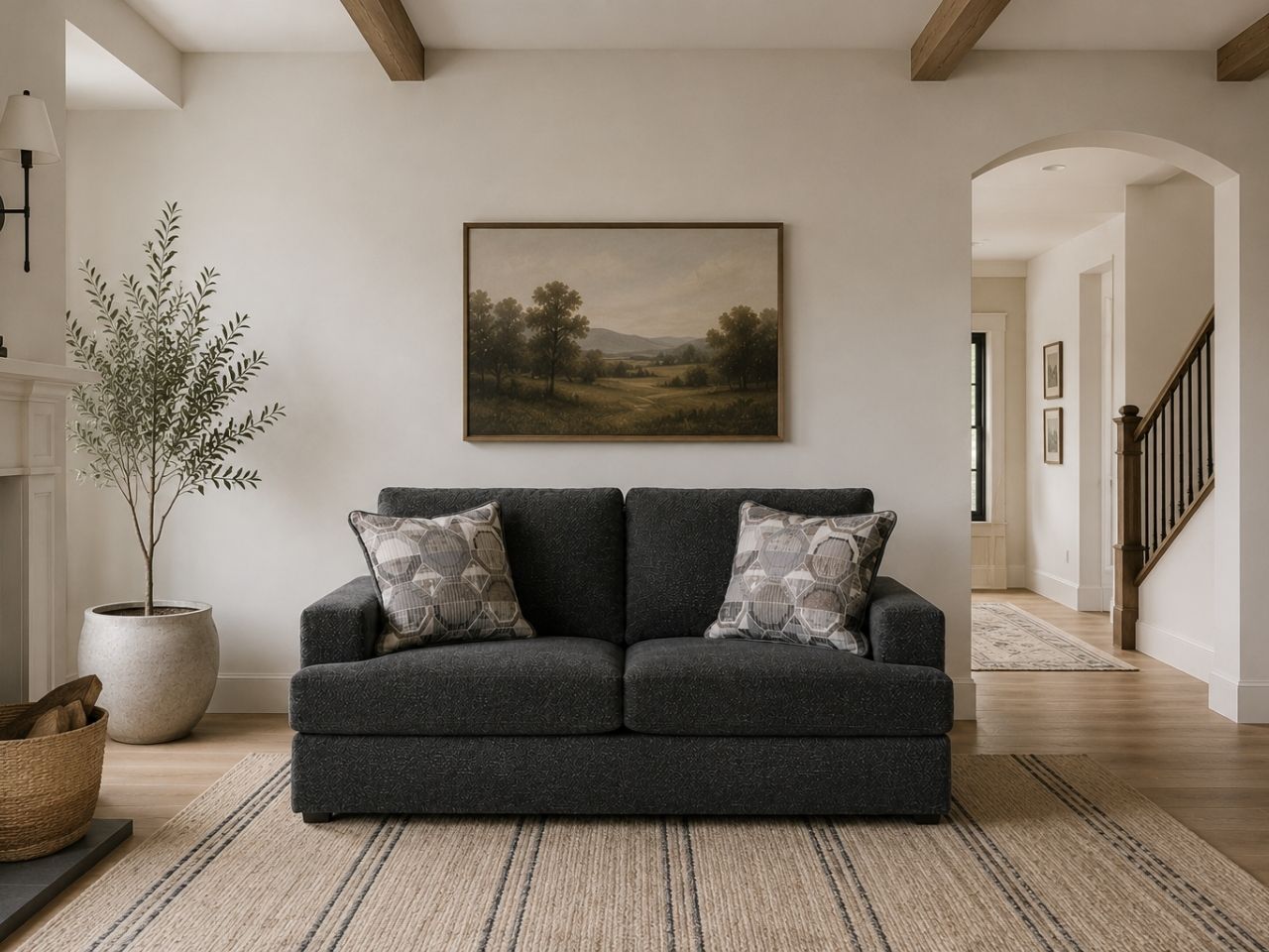 Dark smoke gray loveseat with patterned accent pillows in a modern cozy living room.