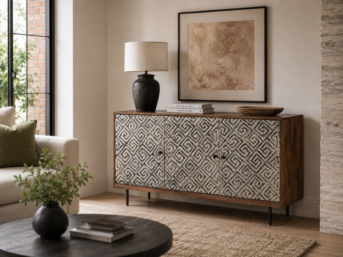 Bold patterned sideboard with textured doors and striking visual appeal.