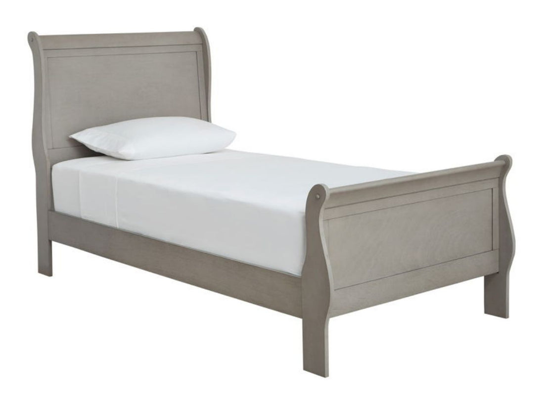 Gray-washed sleigh bed with classic panel details and a charming cottage-style design.
