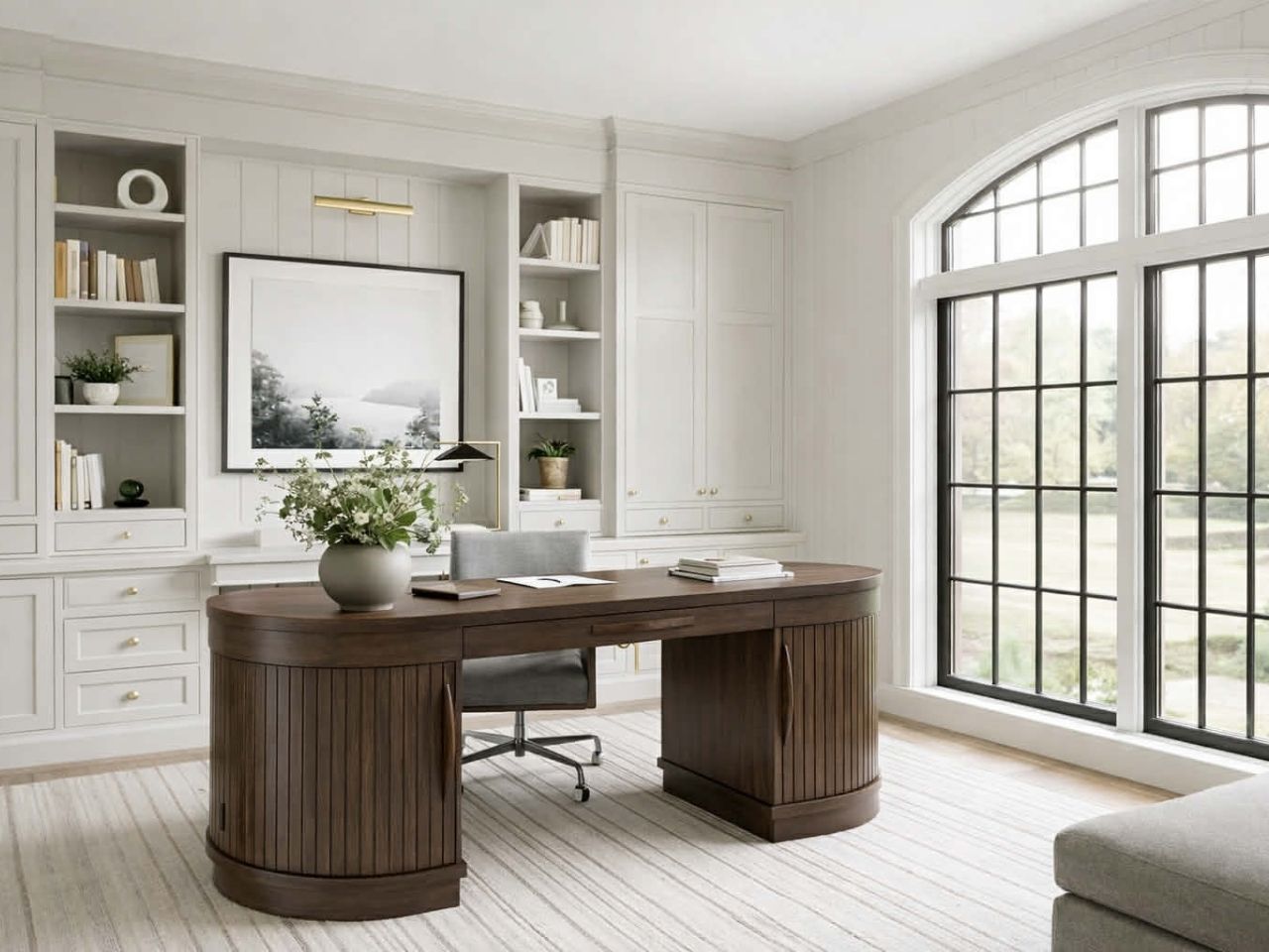A large, oval-shaped executive desk in dark wood with tambour-style ribbed pedestals.