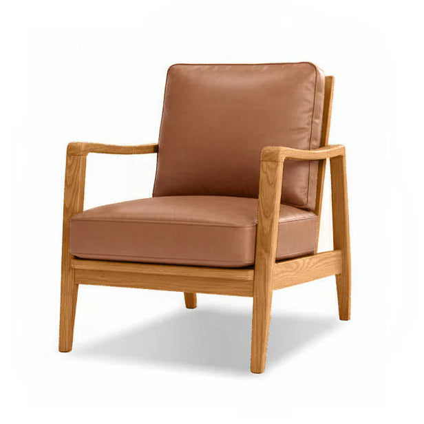 Brown armchair with wooden frame on a white background
