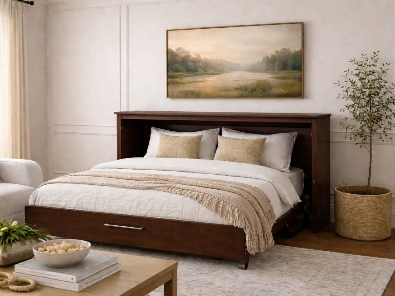 Dark wood cabinet bed opened to reveal a queen-size bed, styled in a bright, neutral living space.