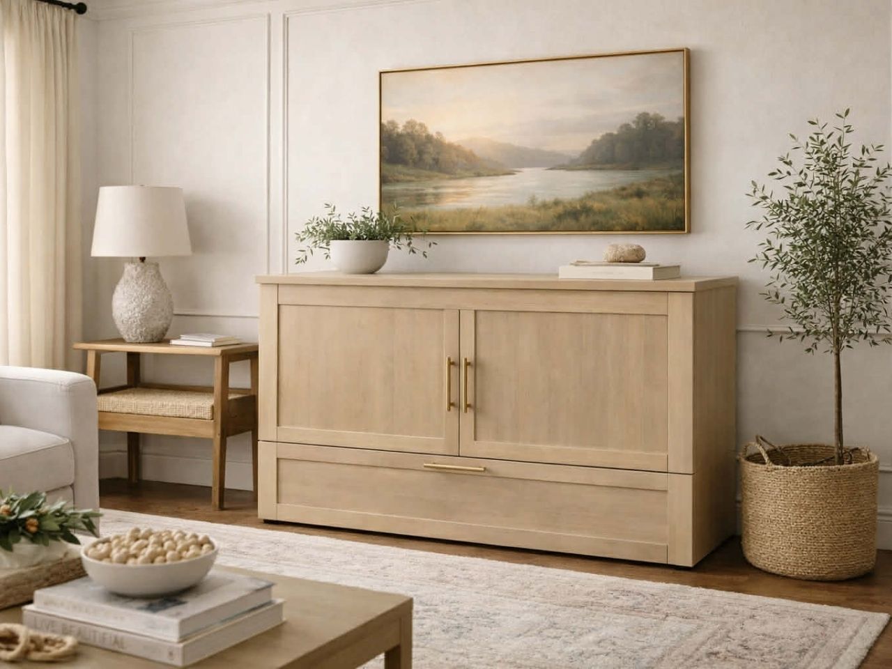 Light wood cabinet bed with clean lines and brass hardware, styled as a sideboard in a modern living room.