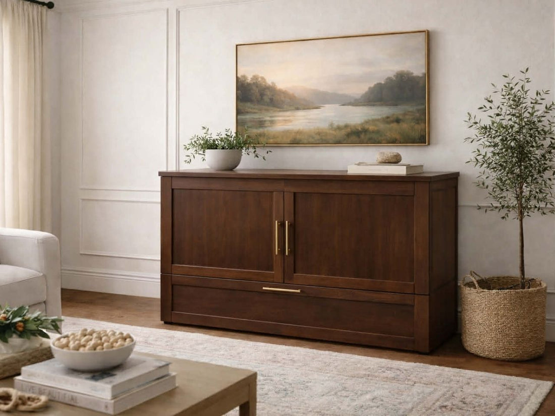 Light wood cabinet bed with clean lines and brass hardware, styled as a sideboard in a modern living room.