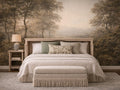 Light wood cabinet bed styled as a cozy bedroom with neutral bedding and nature-inspired wall mural.