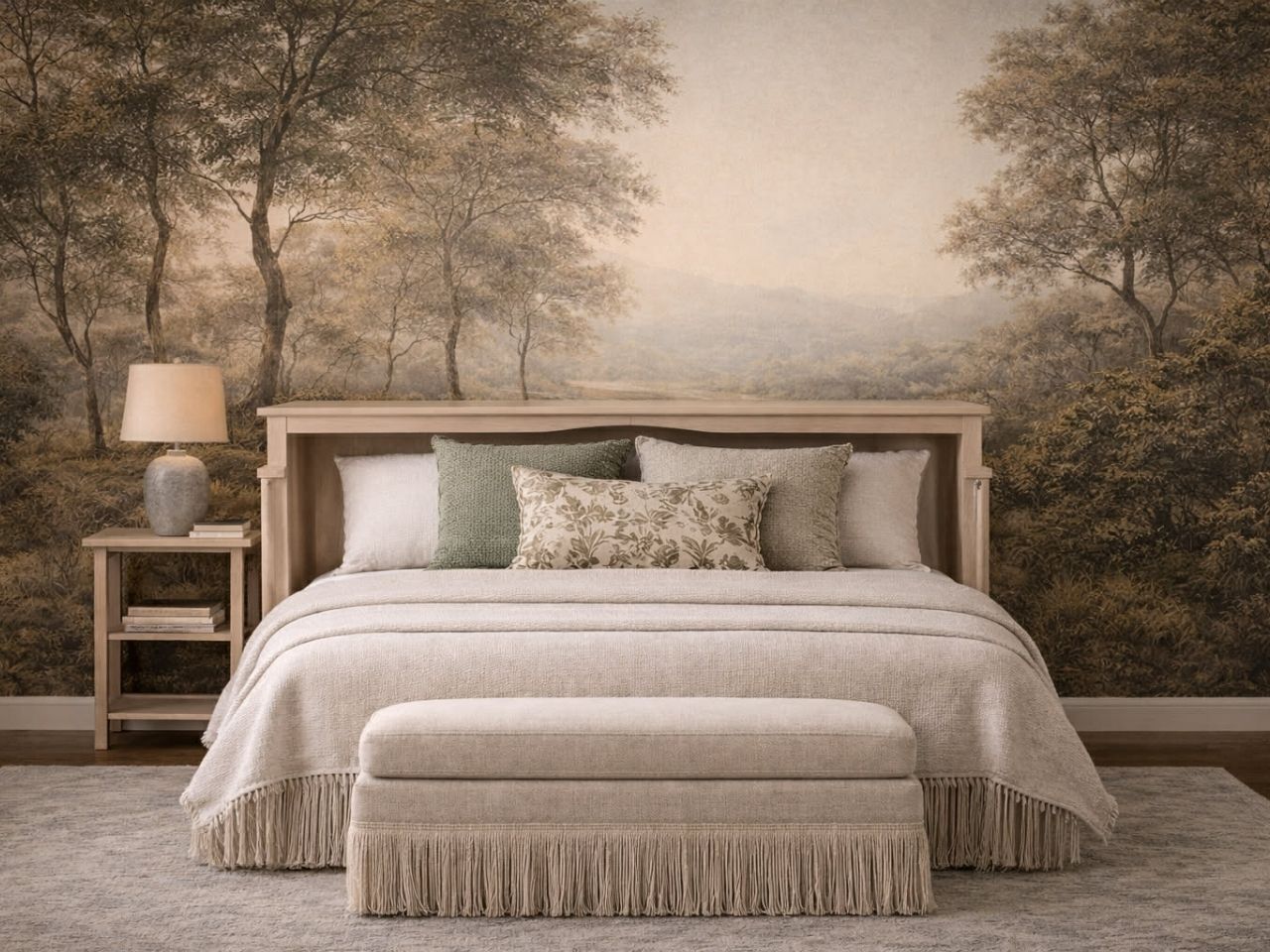 Light wood cabinet bed styled as a cozy bedroom with neutral bedding and nature-inspired wall mural.
