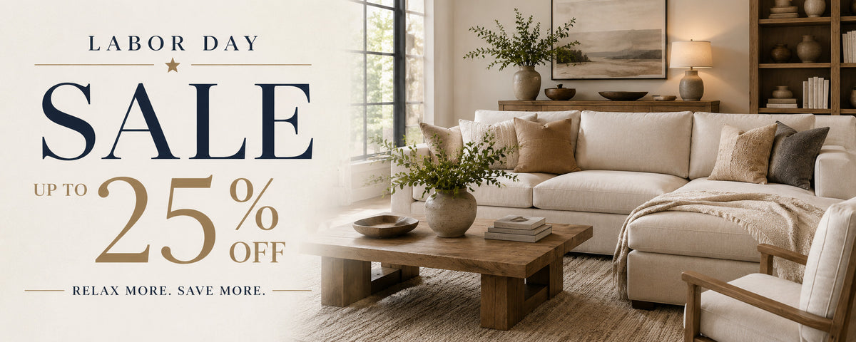 A promotional sale banner for Labor Day featuring a beautifully styled living room with a beige sectional sofa in Calgary