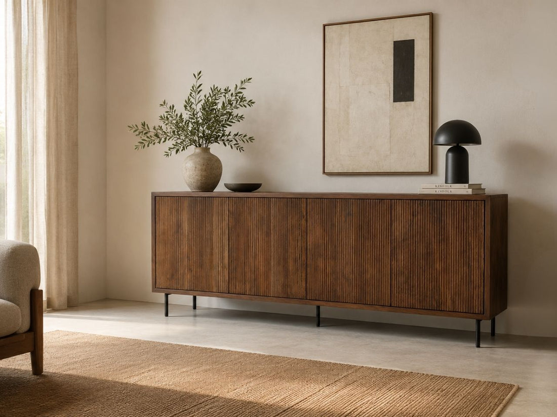 Walnut fluted sideboard with a modern design.