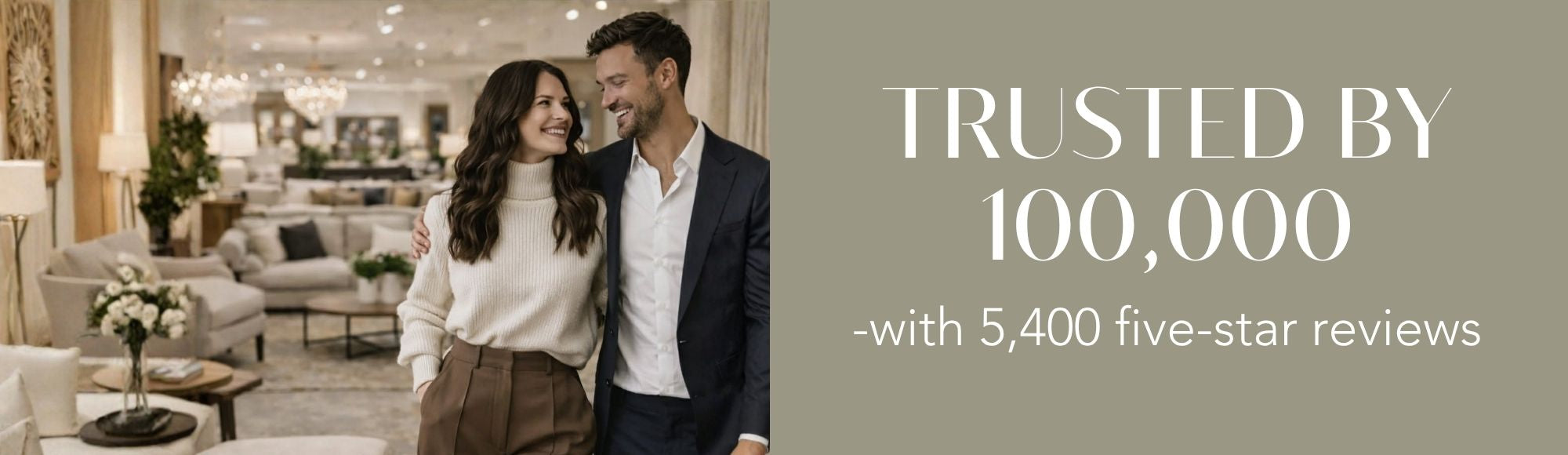 Advertisement with a couple in a living room and text about trust and reviews for Showhome Furniture in Calgary