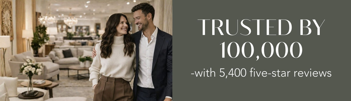 Advertisement with a couple in a living room and text about trust and reviews for Showhome Furniture in Calgary