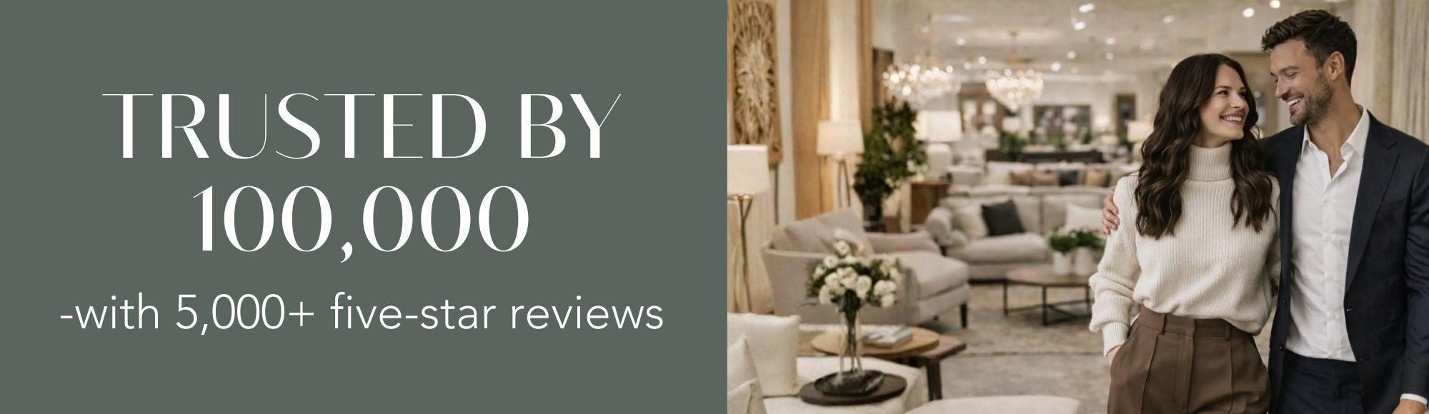 Advertisement with a couple in a living room and text about trust and reviews.