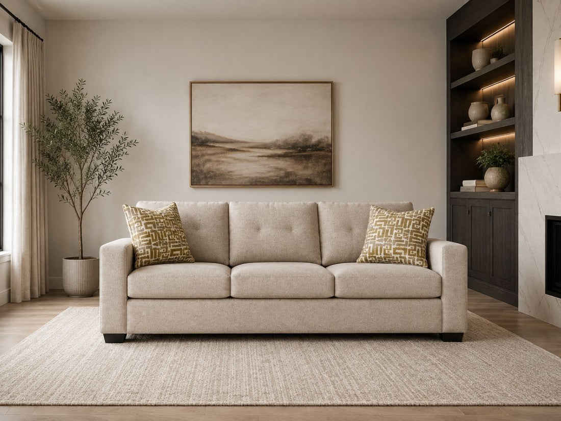 Modern beige sofa with tufted back cushions and patterned accent pillows in a bright, luxurious living room.