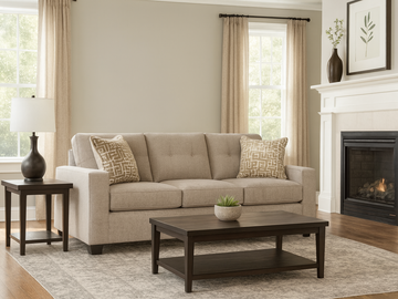 Living room with beige Larimer sofa, wooden coffee table, and fireplace.