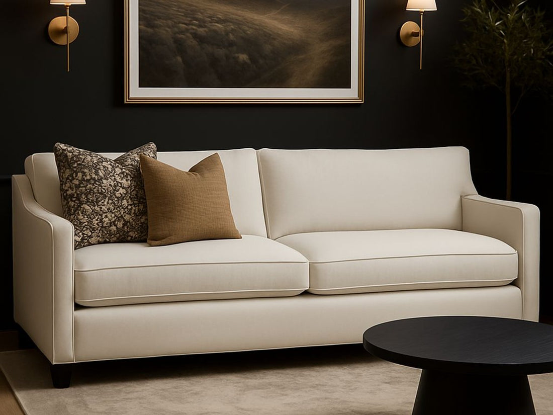 Lease sofa in Calgary with decorative pillows in a living room setting.