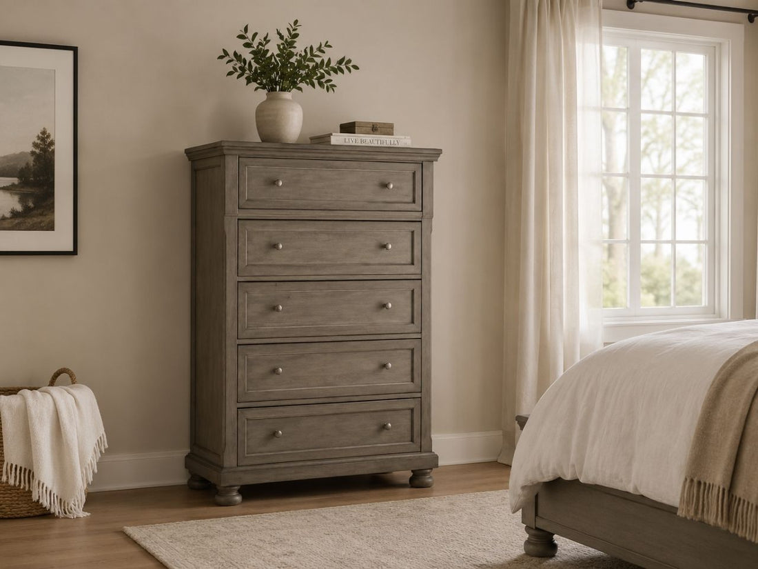 Brown drawer chest with five spacious drawers and classic farmhouse style.