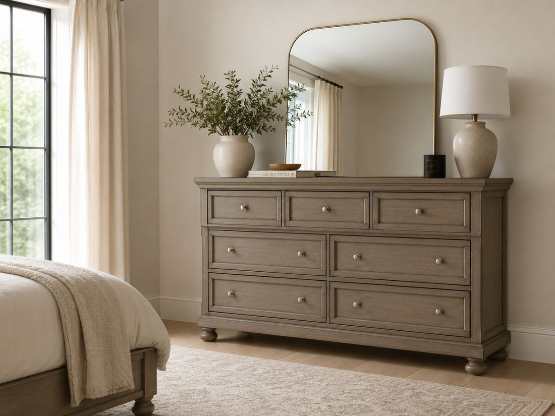 Traditional gray dresser with framed drawer detailing, round knobs, bun feet, and a timeless farmhouse-inspired design.