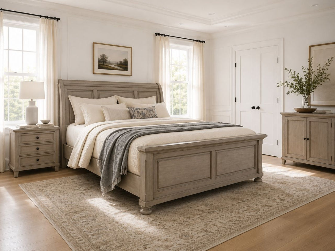 Light wood sleigh bed with a storage footboard in a bright, classic-style bedroom.