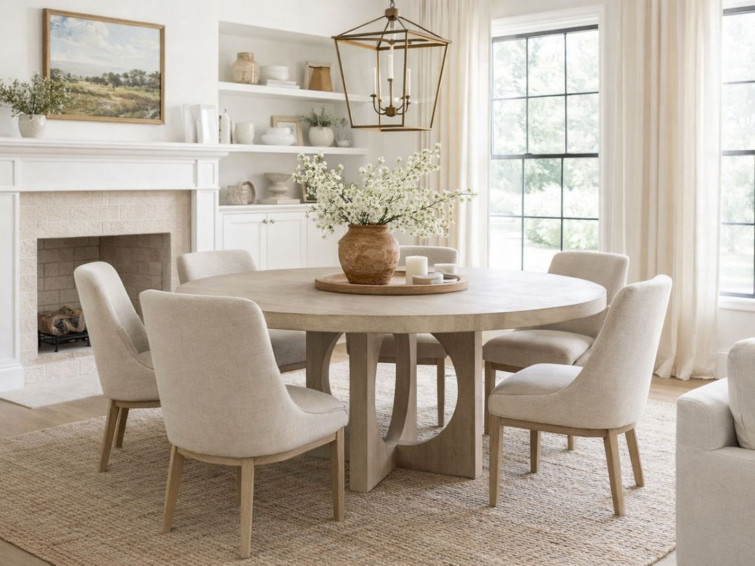 Light wood round dining table with sculptural base and upholstered chairs in a bright dining room.