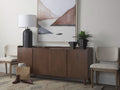 A dark brown, clean-lined sideboard with four flush doors and a slight gallery edge on top. 