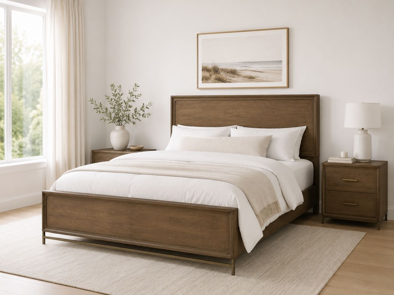 Modern wooden bed with white bedding and matching nightstands in a bright, minimalist bedroom.