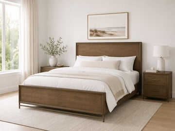 Modern wooden bed with white bedding and matching nightstands in a bright, minimalist bedroom.