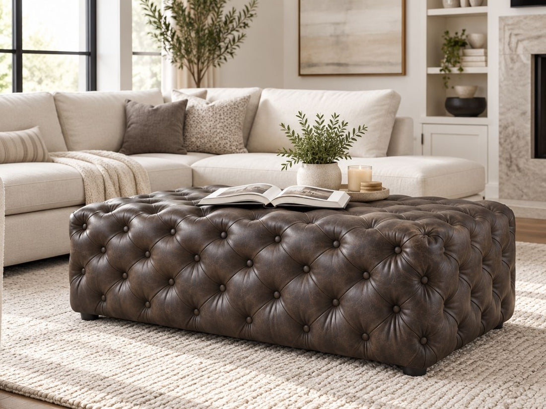Dark brown tufted leather ottoman styled in a modern luxury living room, featuring elegant ottoman furniture in Calgary and timeless contemporary home décor.