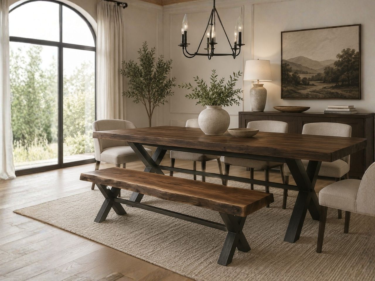Live Edge-Solid Wood Bench in Calgary in a dining room setting. 