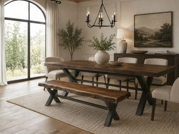 Live Edge-Solid Wood Bench in Calgary in a dining room setting. 