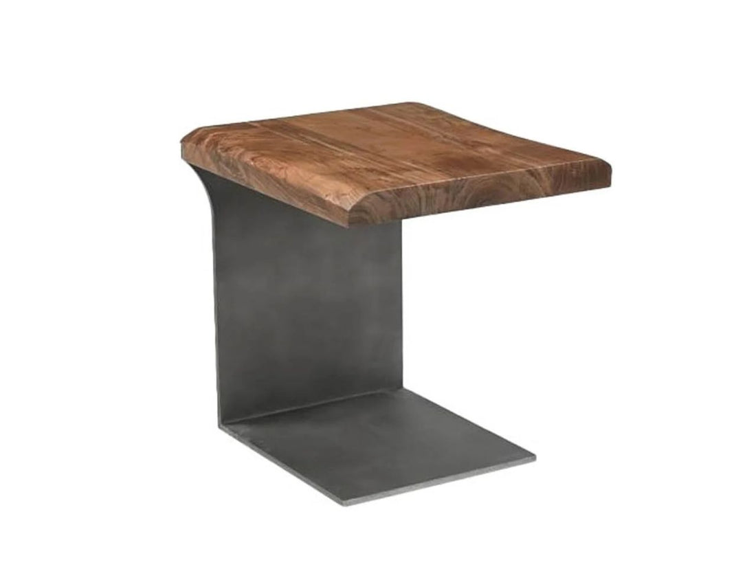 A compact square side table with a solid wood top and a curved steel base, shown against a white background.