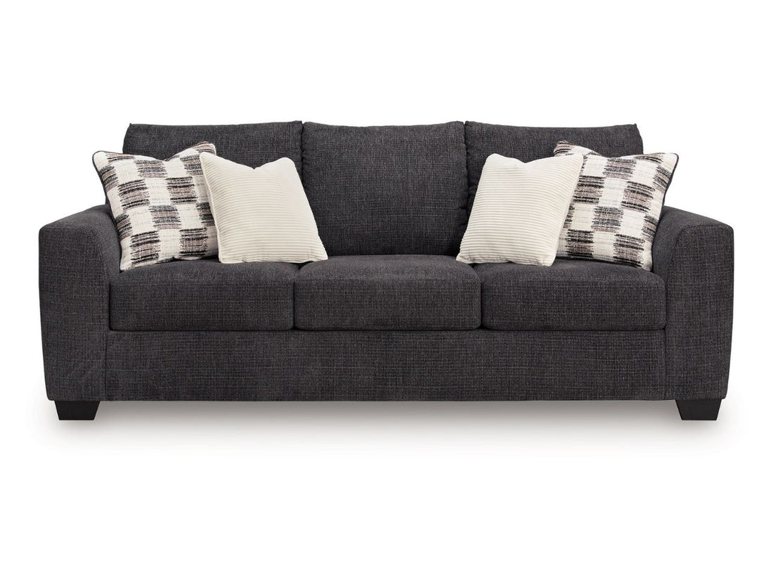 Loreo 3-Seat Modern Fabric Sofa with Accent Pillows in Calgary in a white background 