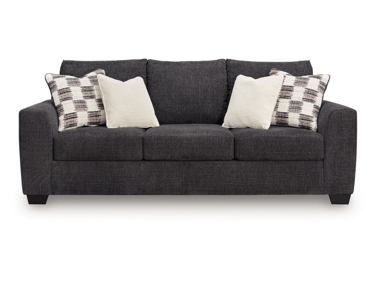 Loreo 3-Seat Modern Fabric Sofa with Accent Pillows in Calgary in a white background 