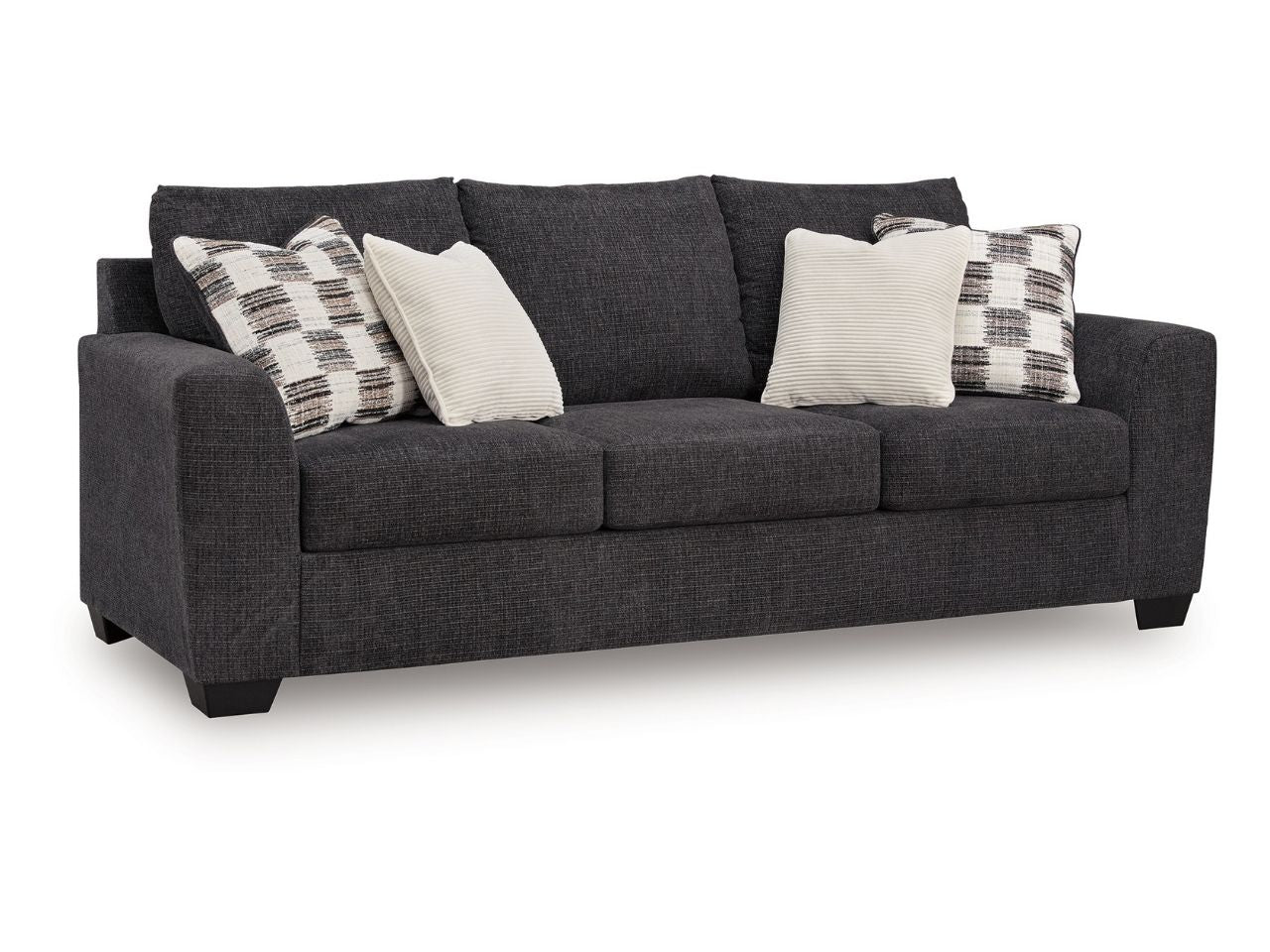 Loreo 3-Seat Modern Fabric Sofa with Accent Pillows in Calgary in a white background 